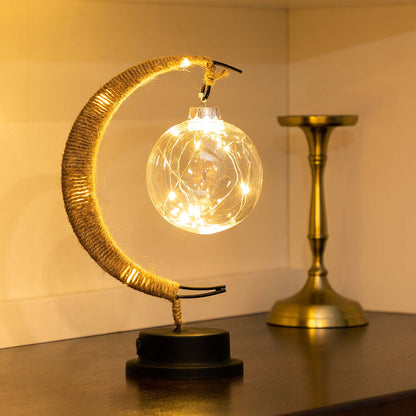 Lampe de table lune en verre avec lueur LED chaleureuse – Lampe d'appoint croissant à piles pour chambre, salon et table de chevet