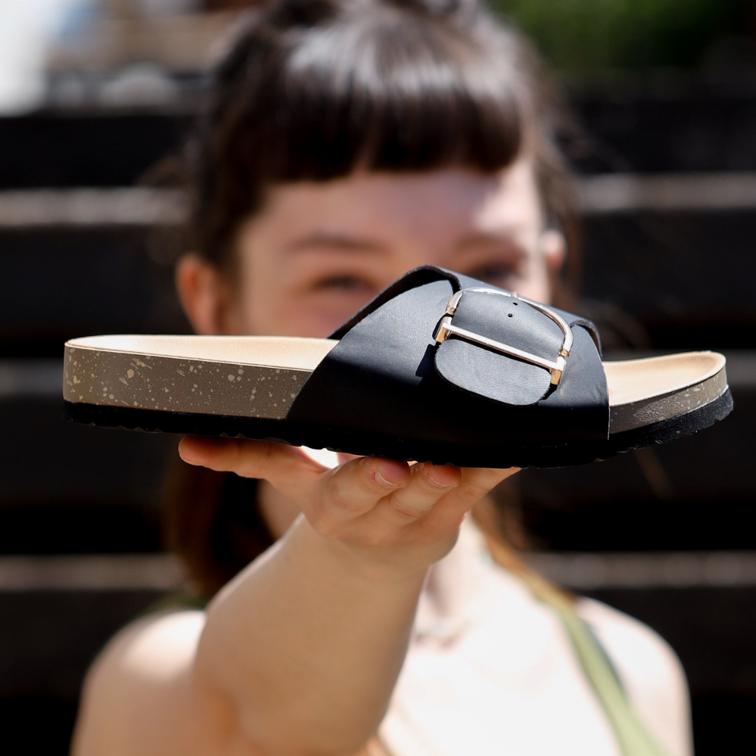 Women's Buckle Cork Footbed Sandals Orthopedic Toe Loop Slip-On Slides for Bunion Relief & Arch Support Casual Summer Shoes
