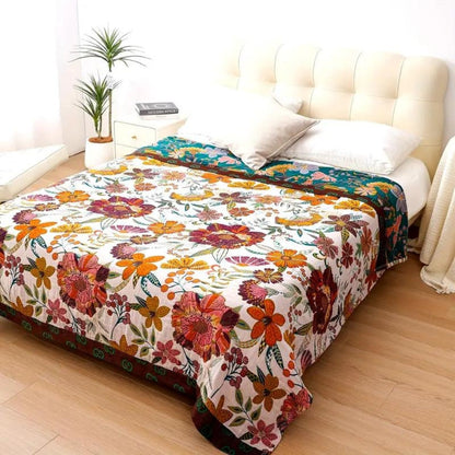 Cora Blanket Throw - 100% Cotton, Reversible Floral Design