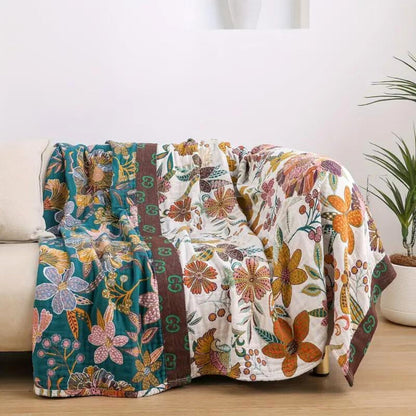 Cora Blanket Throw - 100% Cotton, Reversible Floral Design