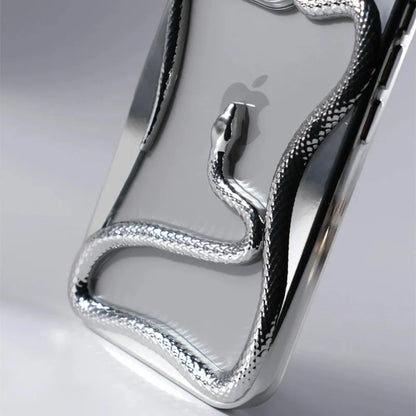Serpent-Embossed Protective iPhone Case with Raised Edges for 12-17 Models – Shock-Absorbing Hard Shell with Metallic or Matte Finish
