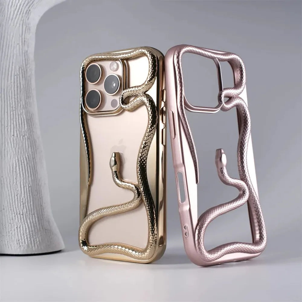 Serpent-Embossed Protective iPhone Case with Raised Edges for 12-17 Models – Shock-Absorbing Hard Shell with Metallic or Matte Finish