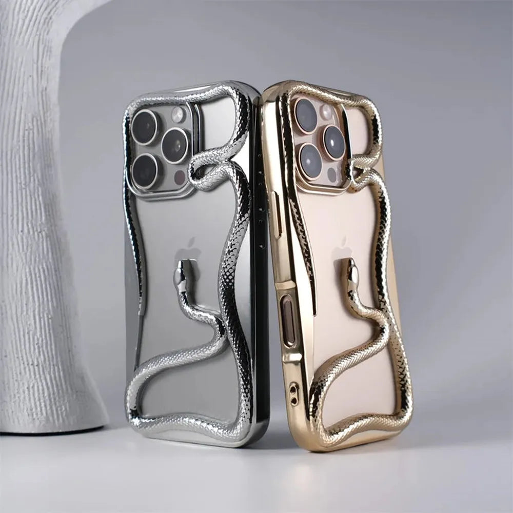 Serpent-Embossed Protective iPhone Case with Raised Edges for 12-17 Models – Shock-Absorbing Hard Shell with Metallic or Matte Finish