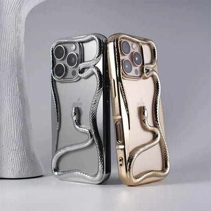 Serpent-Embossed Protective iPhone Case with Raised Edges for 12-17 Models – Shock-Absorbing Hard Shell with Metallic or Matte Finish