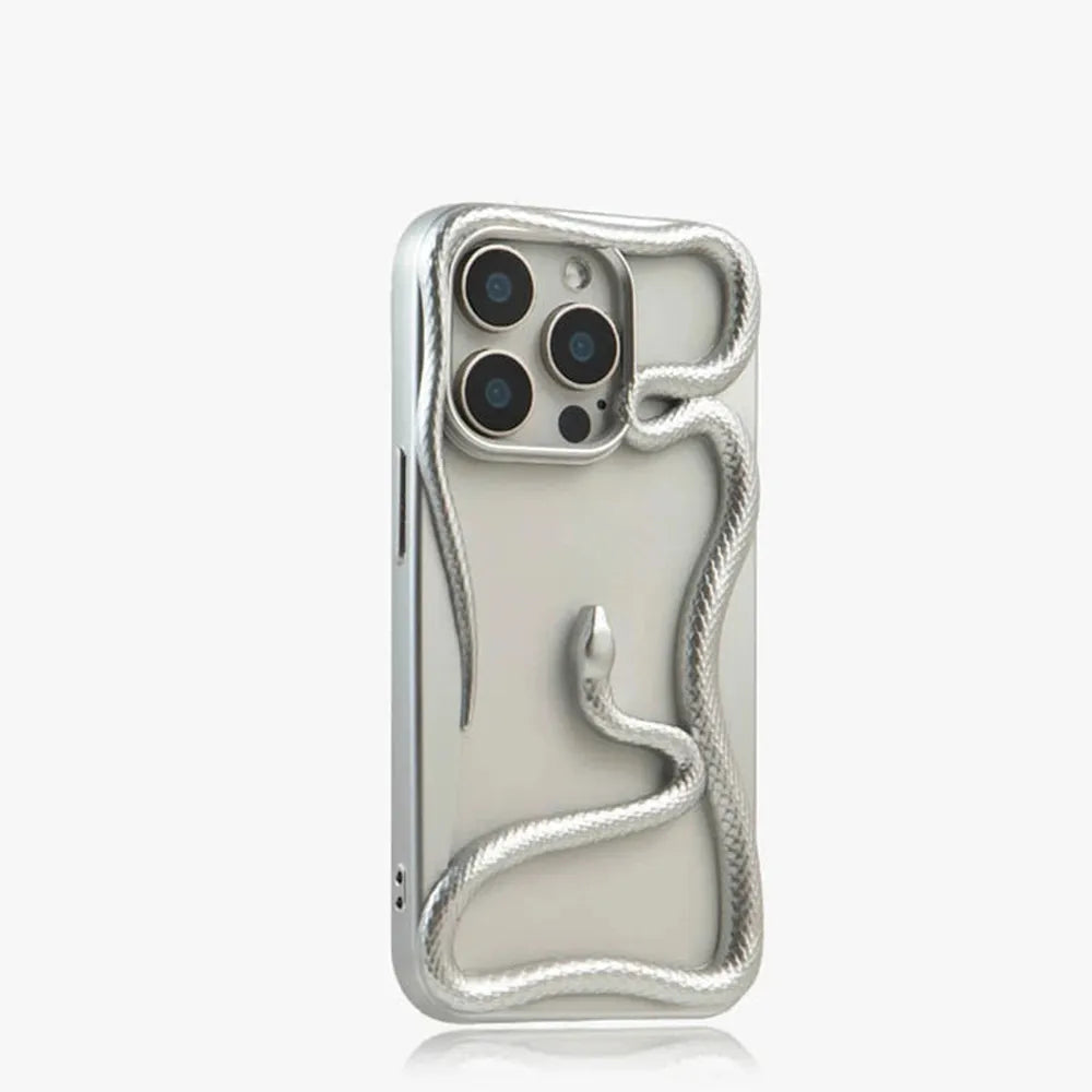 Serpent-Embossed Protective iPhone Case with Raised Edges for 12-17 Models – Shock-Absorbing Hard Shell with Metallic or Matte Finish