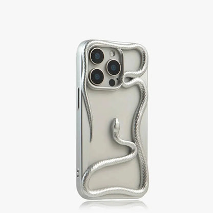 Serpent-Embossed Protective iPhone Case with Raised Edges for 12-17 Models – Shock-Absorbing Hard Shell with Metallic or Matte Finish