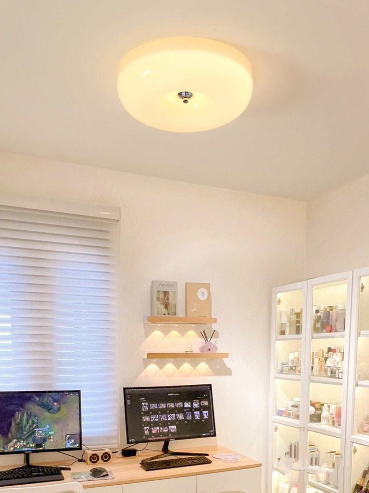 Glass Dome Flush Mount Light Fixture 16 in Cream Round LED Ceiling Lamp for Bedroom Living Room Dining Room Low Profile Dimmable Modern Home