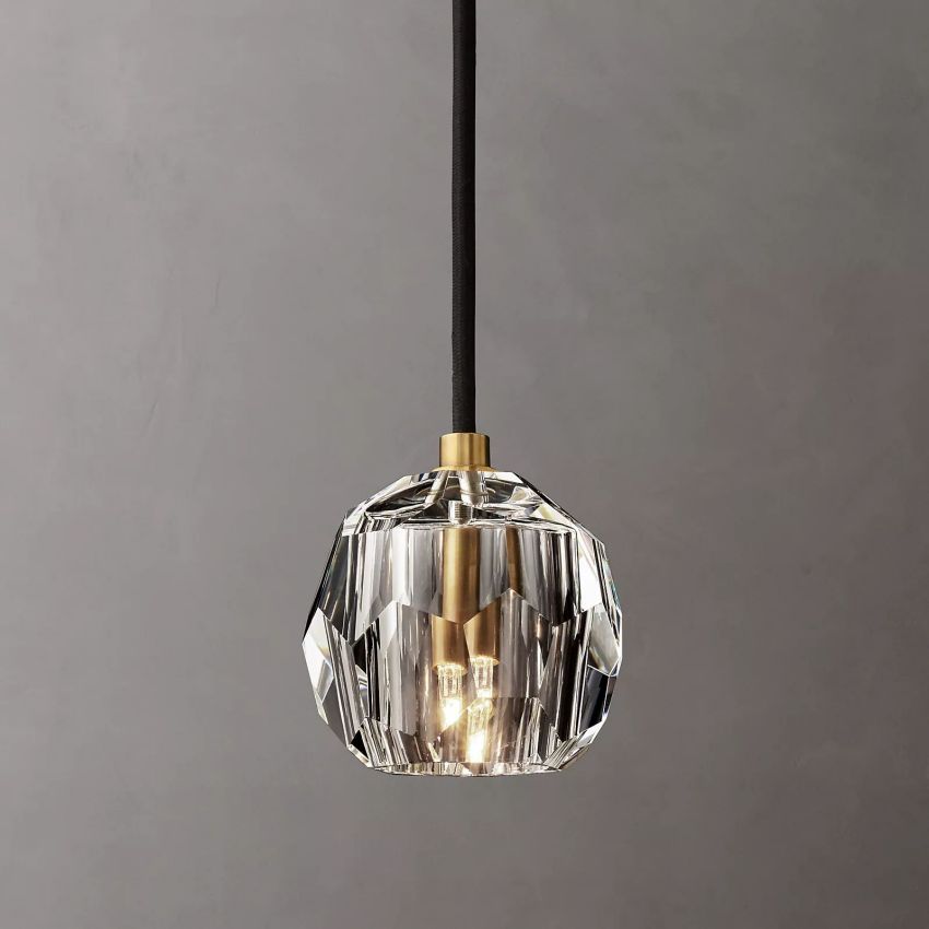 Crystal Globe Pendant Light Fixture with Brass Frame for Dining Room Kitchen Island Modern Single Bulb Hanging Ceiling Lamp Adjustable