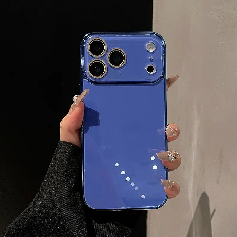 Tempered Glass iPhone Case with Camera Lens Shield & Plated Edges – Shockproof Protection for iPhone 11-17 Pro Max