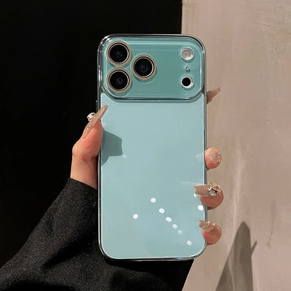 Tempered Glass iPhone Case with Camera Lens Shield & Plated Edges – Shockproof Protection for iPhone 11-17 Pro Max