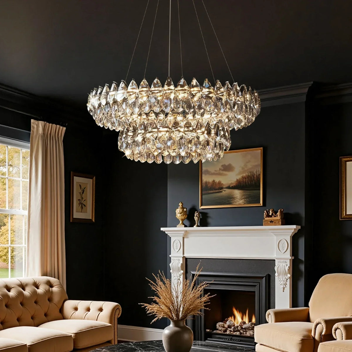 Double Ring Crystal Ceiling Light with Adjustable Height for Dining Room Living Room | Three Color Temperatures Chrome Finish | Teardrop Pen