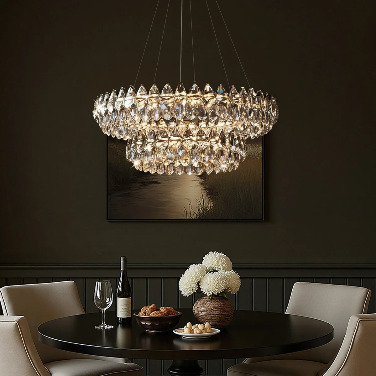 Two-Tier Crystal Pendant Light 32 inch Chrome Finish LED Adjustable Height Ceiling Fixture for Dining Room Living Room Kitchen Island Contem
