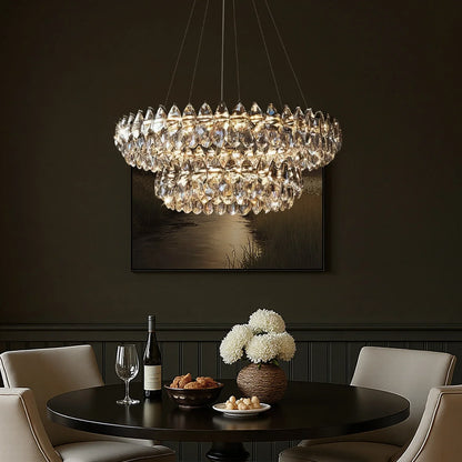 Two-Tier Crystal Pendant Light 32 inch Chrome Finish LED Adjustable Height Ceiling Fixture for Dining Room Living Room Kitchen Island Contem