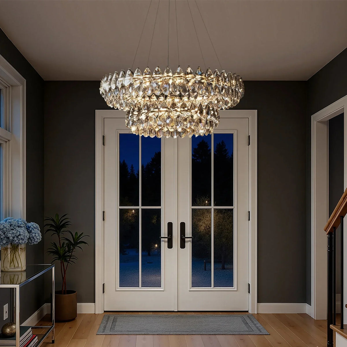 Two-Tier Crystal Pendant Light 32 inch Chrome Finish LED Adjustable Height Ceiling Fixture for Dining Room Living Room Kitchen Island Contem