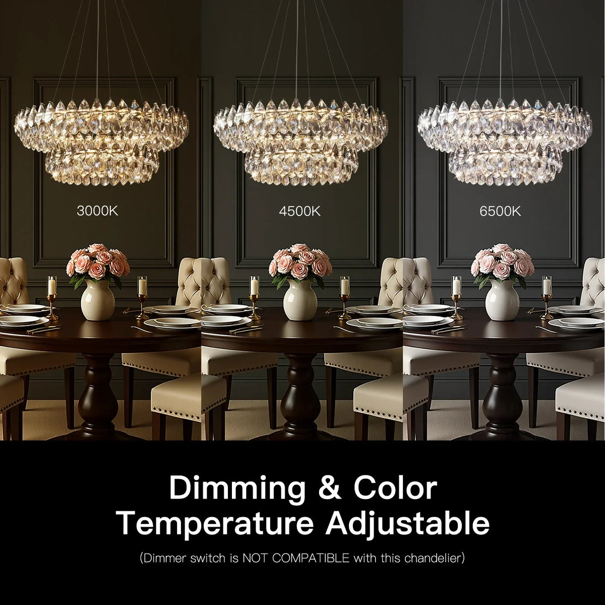 Two-Tier Crystal Pendant Light 32 inch Chrome Finish LED Adjustable Height Ceiling Fixture for Dining Room Living Room Kitchen Island Contem