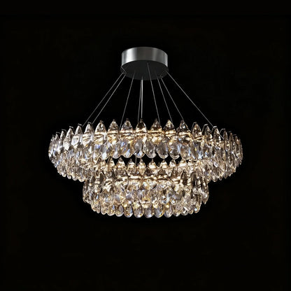 Two-Tier Crystal Pendant Light 32 inch Chrome Finish LED Adjustable Height Ceiling Fixture for Dining Room Living Room Kitchen Island Contem