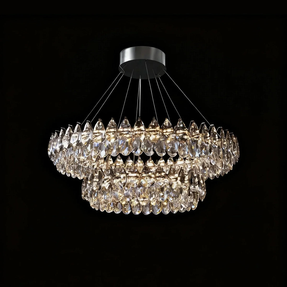 Double Ring Crystal Ceiling Light with Adjustable Height for Dining Room Living Room | Three Color Temperatures Chrome Finish | Teardrop Pen