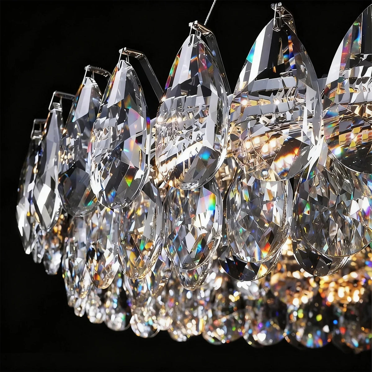 Two-Tier Crystal Pendant Light 32 inch Chrome Finish LED Adjustable Height Ceiling Fixture for Dining Room Living Room Kitchen Island Contem
