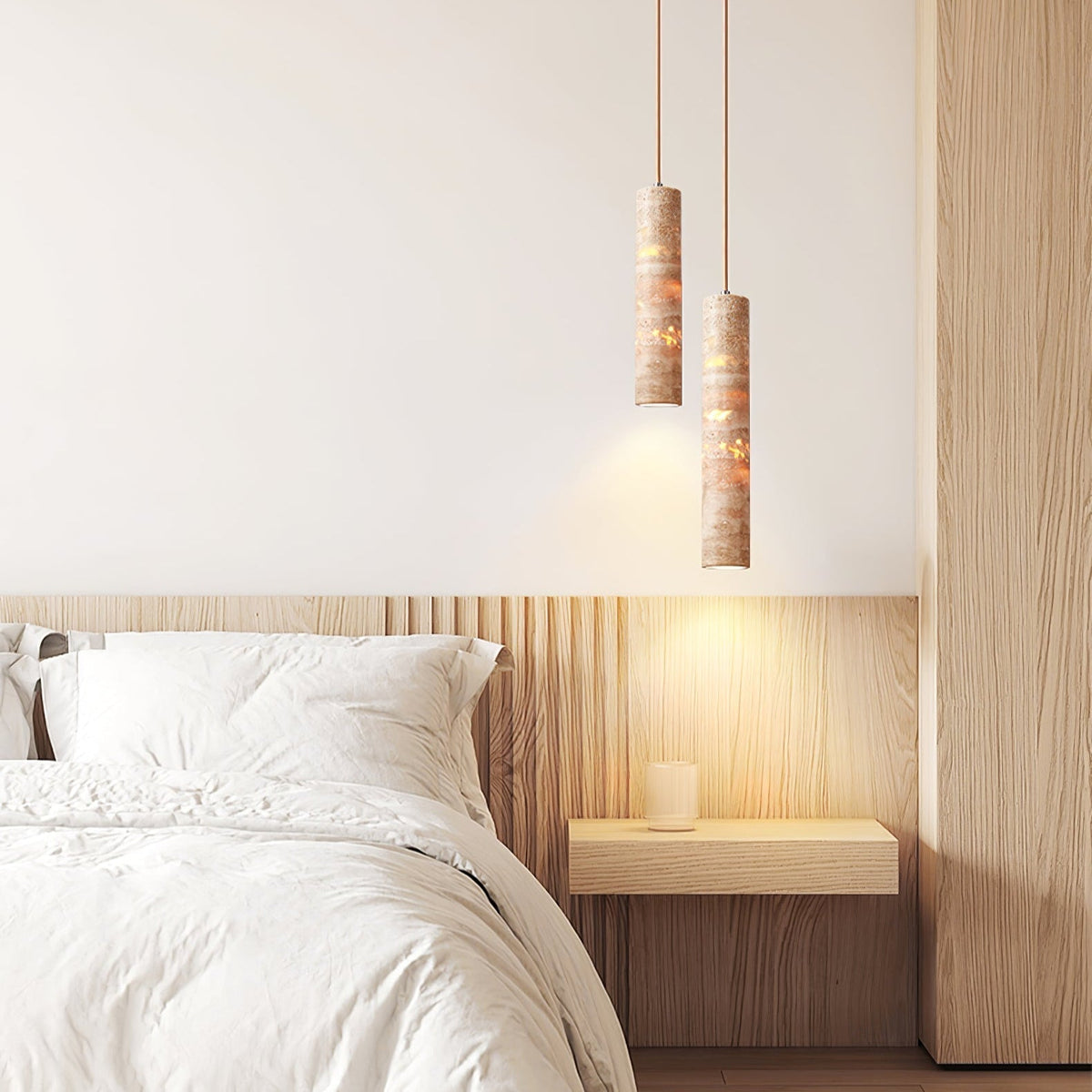 Luminaire suspendu Stone, douille E27, cordon réglable, beige, diamètre 6 cm, pour îlot de cuisine, bar, salle à manger, finition travertin, cylindre naturel 25-35 cm