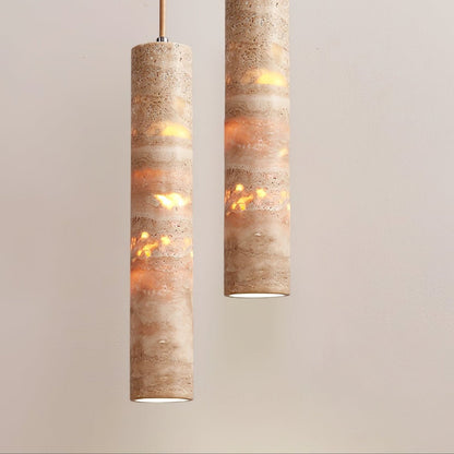 Luminaire suspendu Stone, douille E27, cordon réglable, beige, diamètre 6 cm, pour îlot de cuisine, bar, salle à manger, finition travertin, cylindre naturel 25-35 cm
