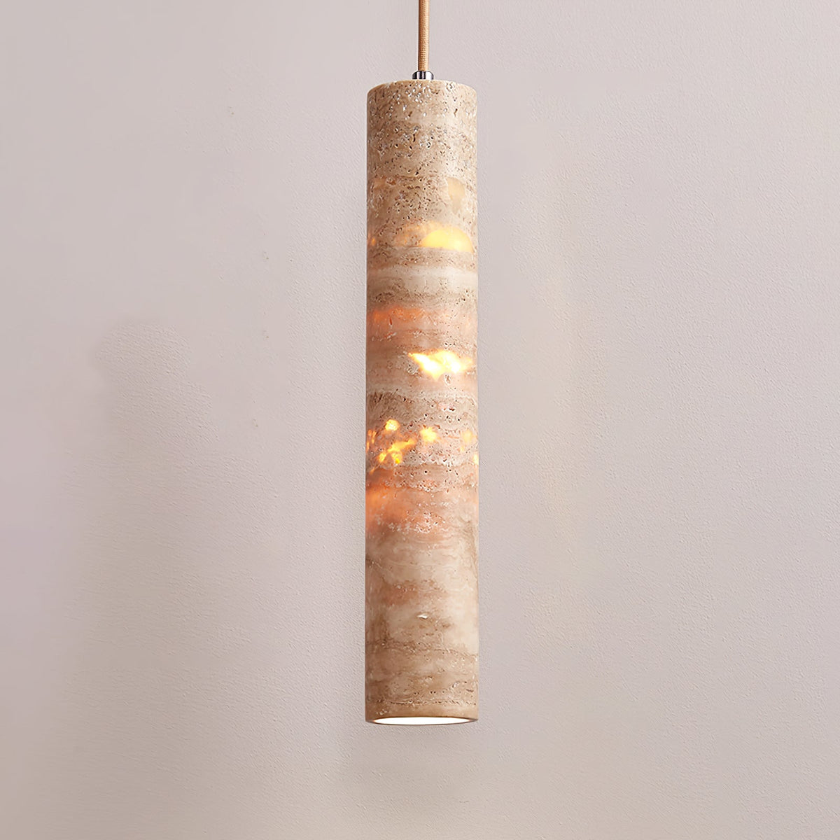 Luminaire suspendu Stone, douille E27, cordon réglable, beige, diamètre 6 cm, pour îlot de cuisine, bar, salle à manger, finition travertin, cylindre naturel 25-35 cm
