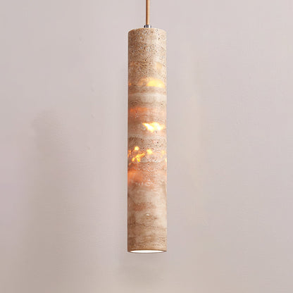 Luminaire suspendu Stone, douille E27, cordon réglable, beige, diamètre 6 cm, pour îlot de cuisine, bar, salle à manger, finition travertin, cylindre naturel 25-35 cm