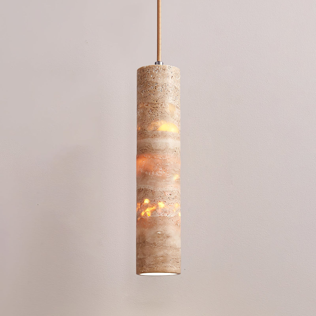 Luminaire suspendu Stone, douille E27, cordon réglable, beige, diamètre 6 cm, pour îlot de cuisine, bar, salle à manger, finition travertin, cylindre naturel 25-35 cm