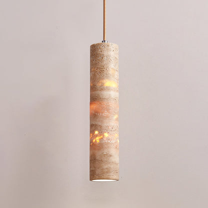 Luminaire suspendu Stone, douille E27, cordon réglable, beige, diamètre 6 cm, pour îlot de cuisine, bar, salle à manger, finition travertin, cylindre naturel 25-35 cm
