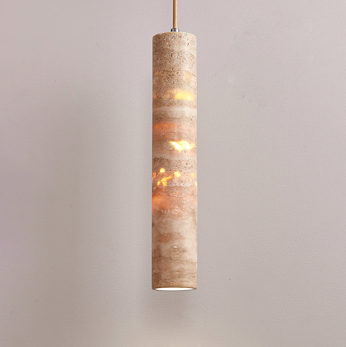 Luminaire suspendu Stone, douille E27, cordon réglable, beige, diamètre 6 cm, pour îlot de cuisine, bar, salle à manger, finition travertin, cylindre naturel 25-35 cm