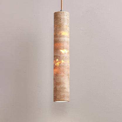 Luminaire suspendu Stone, douille E27, cordon réglable, beige, diamètre 6 cm, pour îlot de cuisine, bar, salle à manger, finition travertin, cylindre naturel 25-35 cm