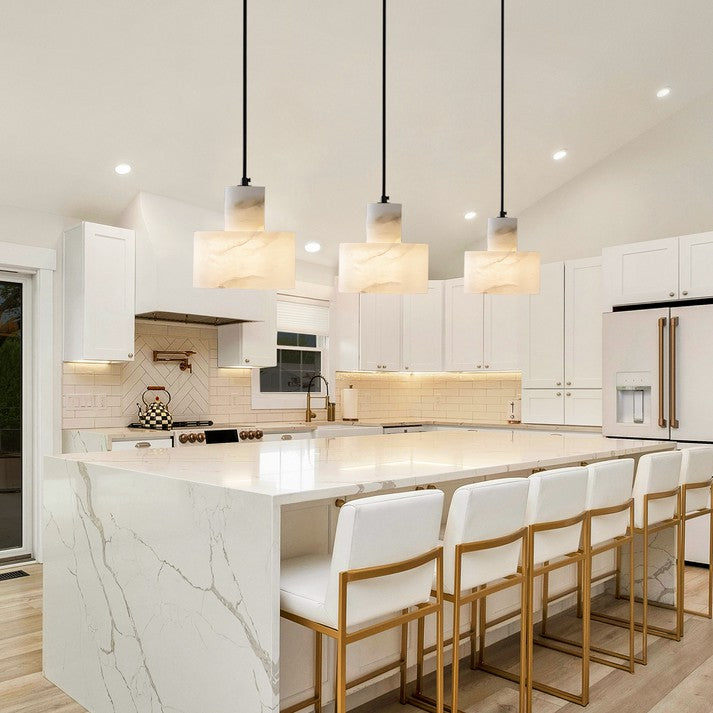 Stone Cylinder Hanging Lamp White Adjustable Drop Ceiling Fixture for Kitchen Island Dining Room Bedroom Hallway Natural Alabaster E27 Socke