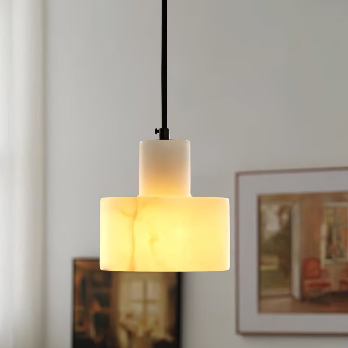 Stone Cylinder Hanging Lamp White Adjustable Drop Ceiling Fixture for Kitchen Island Dining Room Bedroom Hallway Natural Alabaster E27 Socke