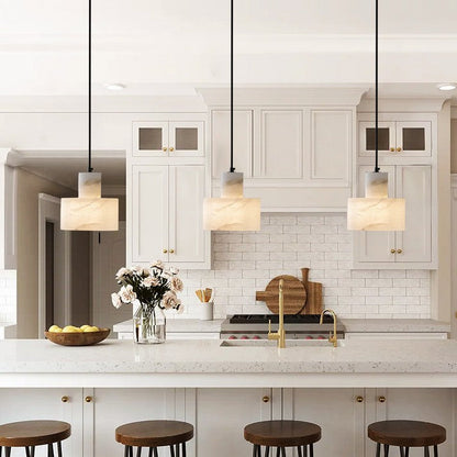 Stone Cylinder Hanging Lamp White Adjustable Drop Ceiling Fixture for Kitchen Island Dining Room Bedroom Hallway Natural Alabaster E27 Socke