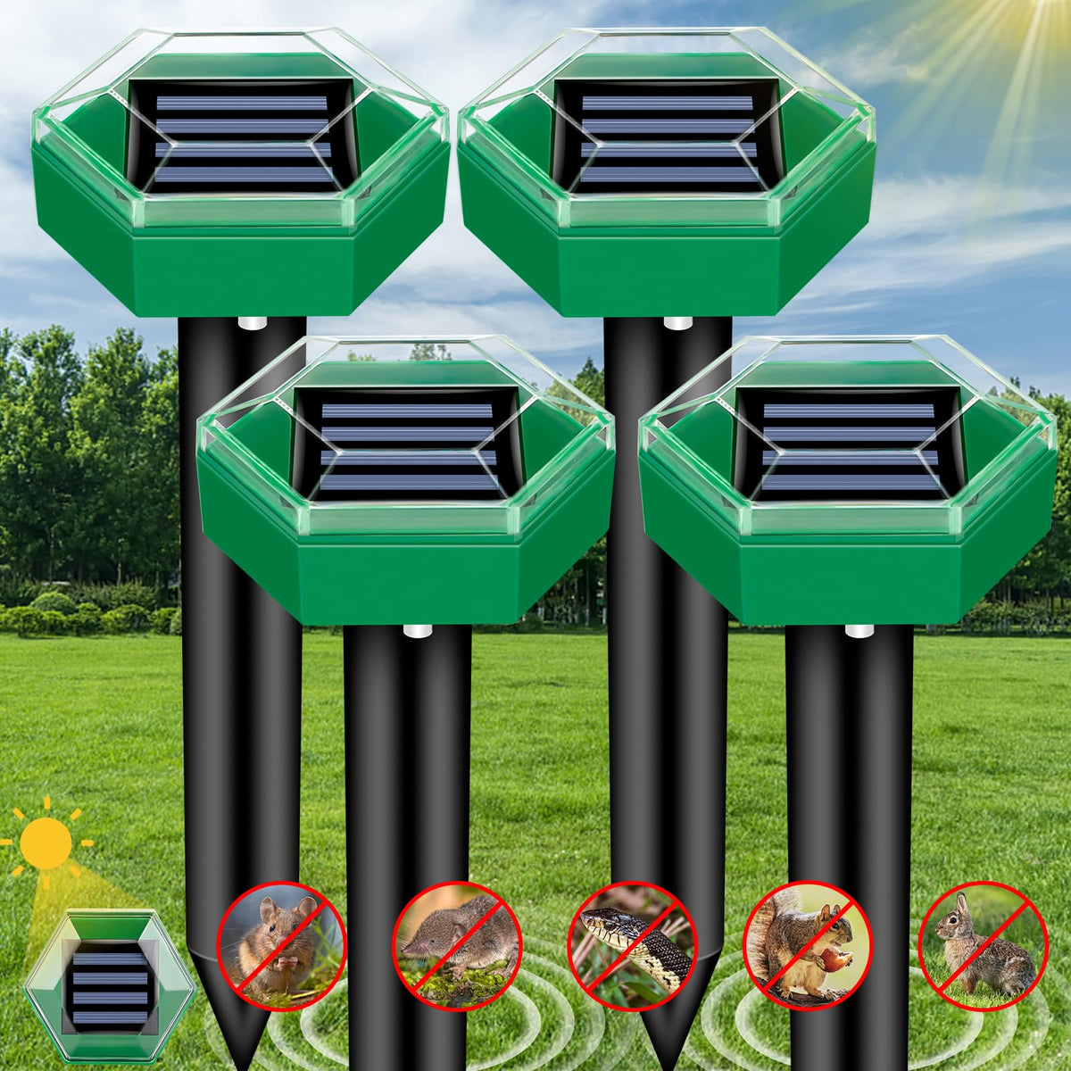 Solar Ultrasonic Pest Repeller Stake 4-Pack for Yard – Drives Away Burrowing Animals with Sonic Pulses – Waterproof Garden Defense for