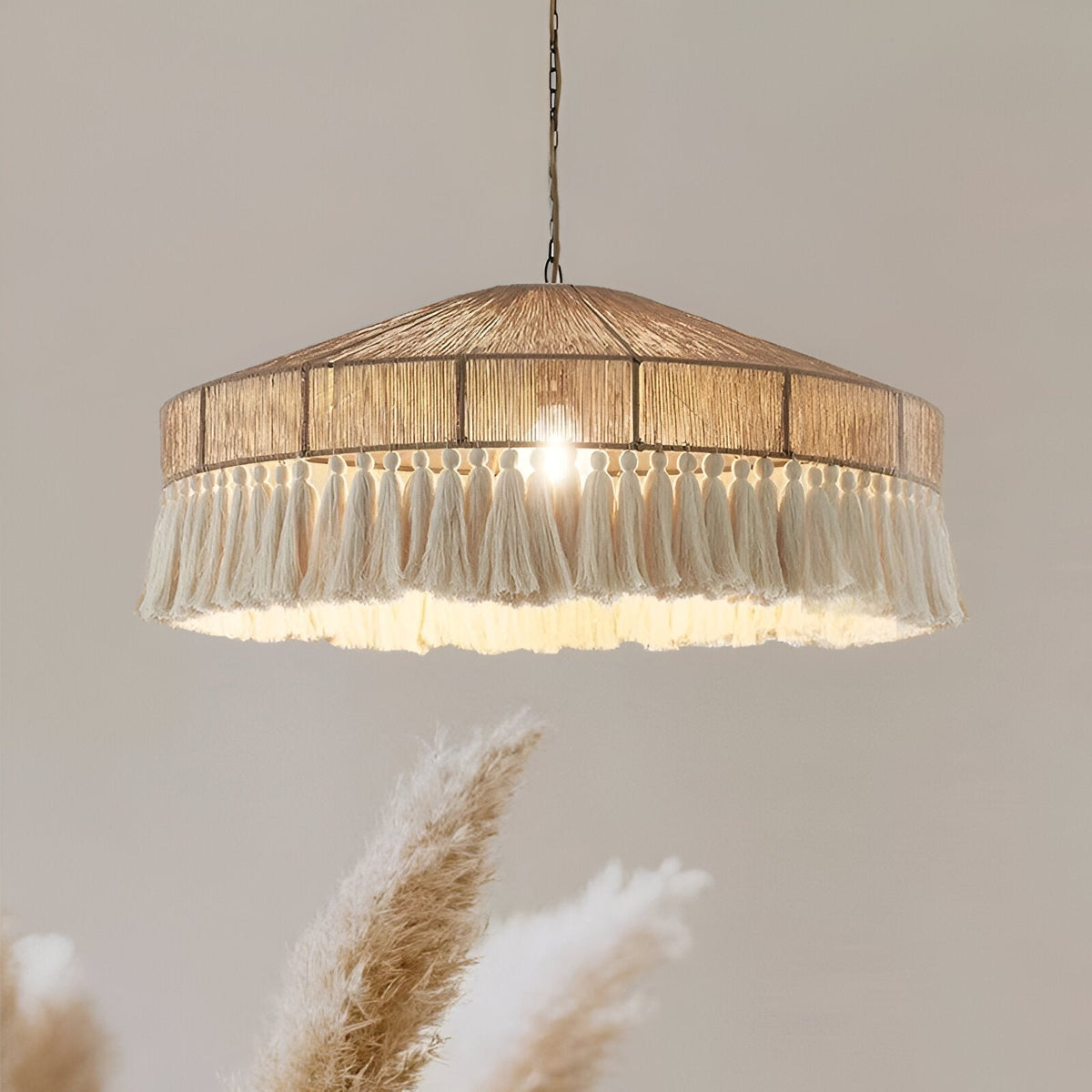 Woven Natural Fiber Ceiling Light Fixture with Tassel Detail for Dining Room, Bedroom & Living Room | Handcrafted Bohemian Style