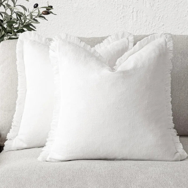 Cotton-Linen Throw Pillow Cases with Fringe Trim – Zippered Cushion Covers for Couch, Bed & Chair – 2-Pack, Machine Washable