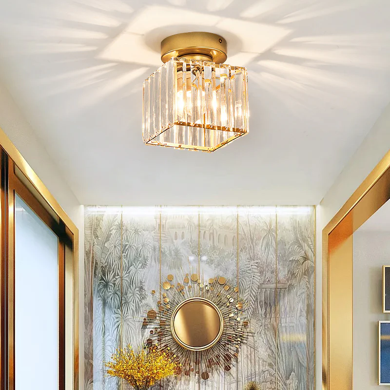 Square Brass Ceiling Light with Crystal Glass Cover – Modern Flush Mount Fixture for Bedroom, Hallway, Living Room & Home Office – E27