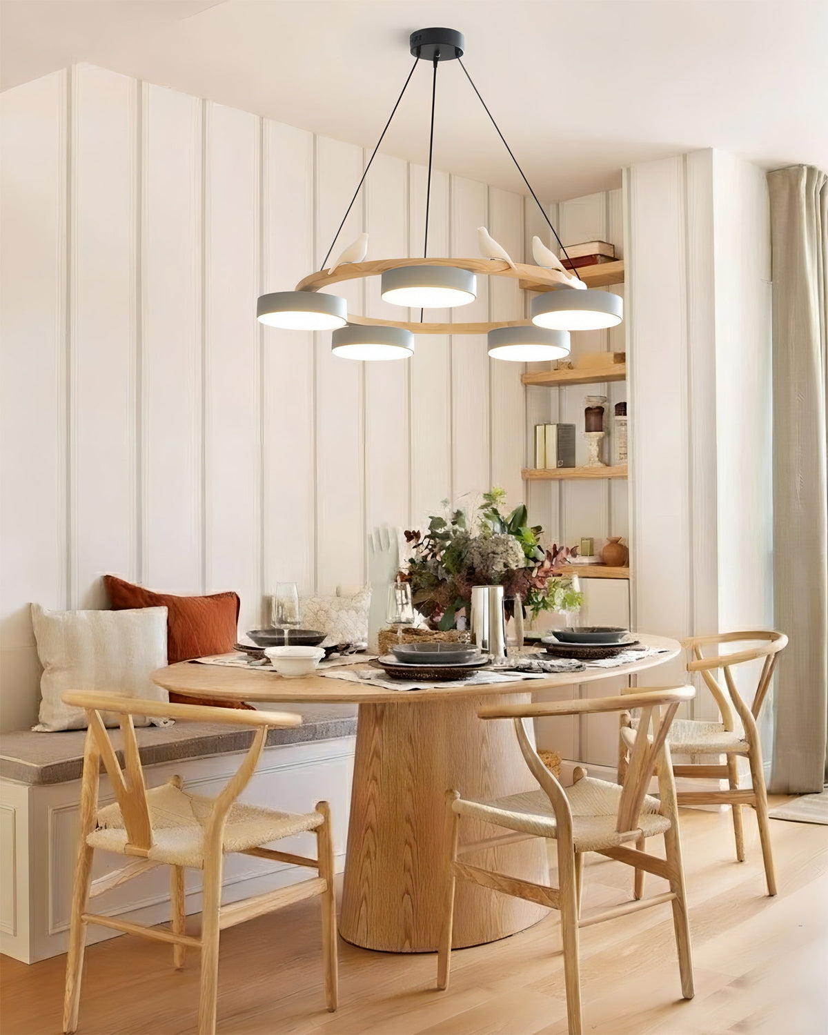 Round Wooden Ceiling Light with Bird Accents 26 Inch 4-Bulb LED Fixture Adjustable Height for Dining Room Kitchen Living Room Hallway Entryw