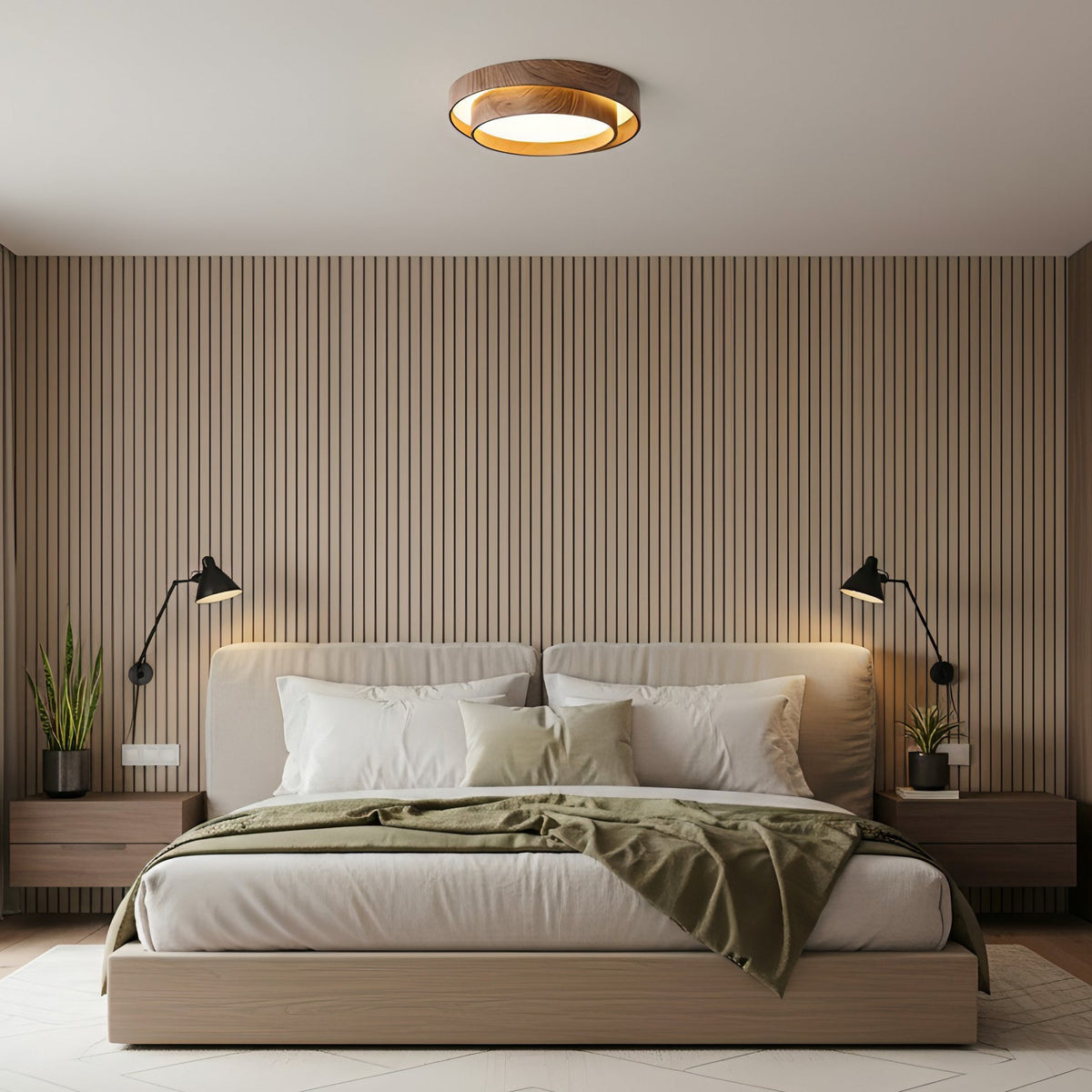Round Flush Mount LED Ceiling Light Fixture Wood Grain Metal 16 in Diameter for Bedroom Living Room Kitchen Office Low Profile Modern Overhe