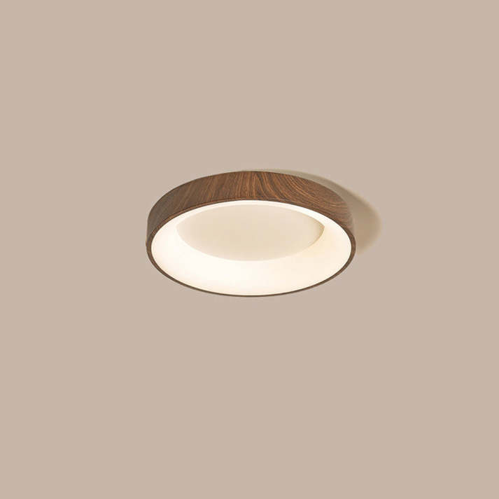 Round Flush Mount LED Fixture 14 in Wood Grain Acrylic Iron Low Profile for Bedroom Hallway Kitchen Entry Modern Scandinavian