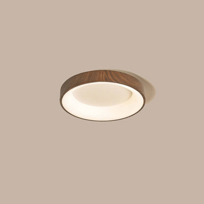 Round Flush Mount LED Fixture 14 in Wood Grain Acrylic Iron Low Profile for Bedroom Hallway Kitchen Entry Modern Scandinavian