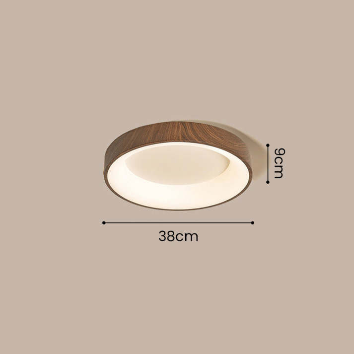 Round Flush Mount LED Fixture 14 in Wood Grain Acrylic Iron Low Profile for Bedroom Hallway Kitchen Entry Modern Scandinavian