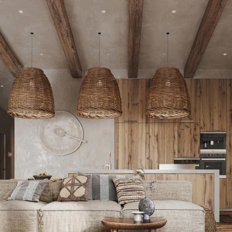 Handwoven Rattan Dome Pendant Light for Dining Room and Bedroom – Natural Brown Finish – E27 Socket – Adjustable Cord Ceiling Fixture