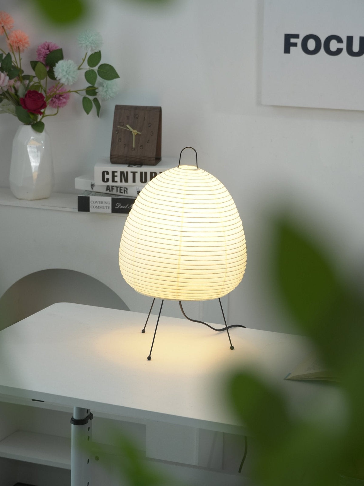 Handcrafted Paper Shade Accent Lamp 10 in Wide Warm Glow LED Bedside Nightlight for Bedroom Office Desktop Reading Nook Minimalist Japanese