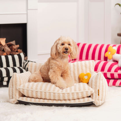 Plush Pet Couch with Washable Cover - Dual-Layer Cushioned Lounger for Dogs & Cats - Striped Fleece Nap Spot