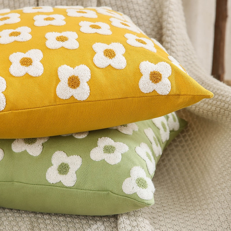 Floral Embroidered Throw Pillow Cover Cotton Daisy Stitch Sofa Cushion Case 18x18 or 12x20 Inch Hidden Zipper Lavender Ivory Bedroom Living