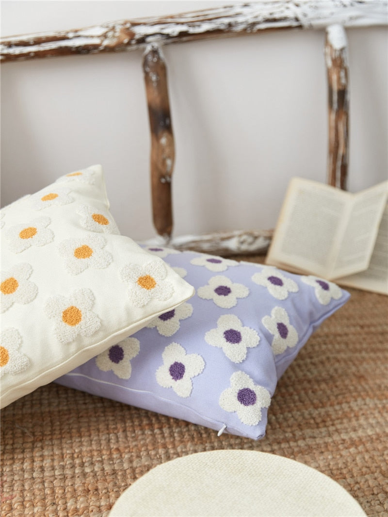 Floral Embroidered Throw Pillow Cover Cotton Daisy Stitch Sofa Cushion Case 18x18 or 12x20 Inch Hidden Zipper Lavender Ivory Bedroom Living