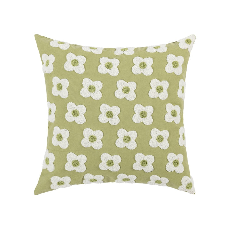 Floral Embroidered Throw Pillow Cover Cotton Daisy Stitch Sofa Cushion Case 18x18 or 12x20 Inch Hidden Zipper Lavender Ivory Bedroom Living