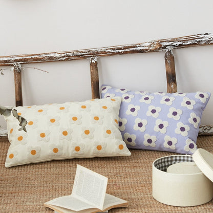 Floral Embroidered Throw Pillow Cover Cotton Daisy Stitch Sofa Cushion Case 18x18 or 12x20 Inch Hidden Zipper Lavender Ivory Bedroom Living