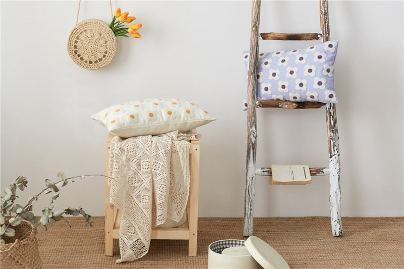 Floral Embroidered Throw Pillow Cover Cotton Daisy Stitch Sofa Cushion Case 18x18 or 12x20 Inch Hidden Zipper Lavender Ivory Bedroom Living